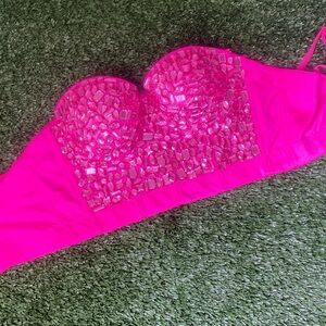 Women's Hot Pink Embellished Strapless Bustier